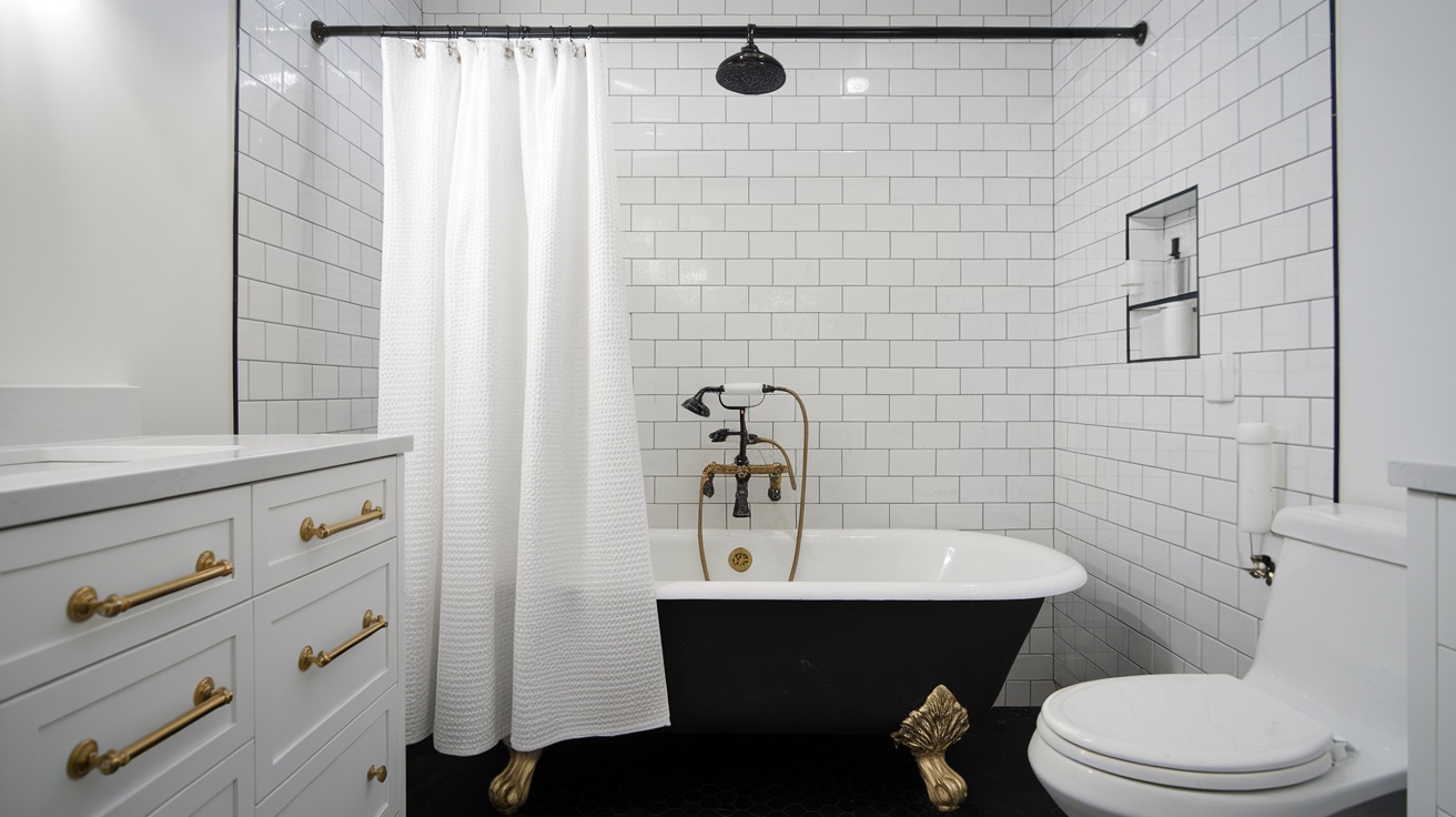 black white and gold bathroom