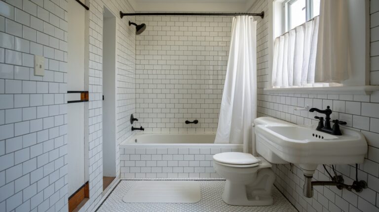 white tile black grout bathroom