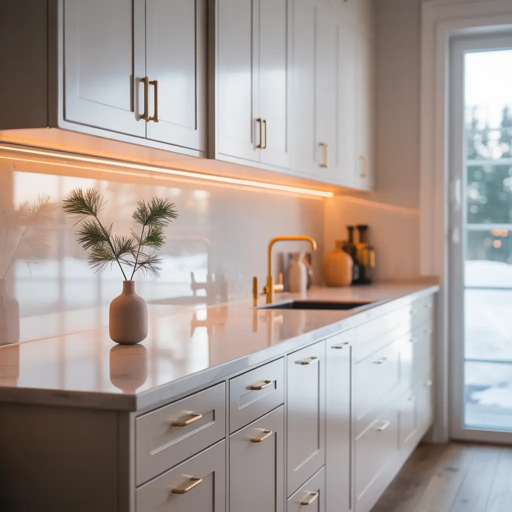 white and gold kitchen