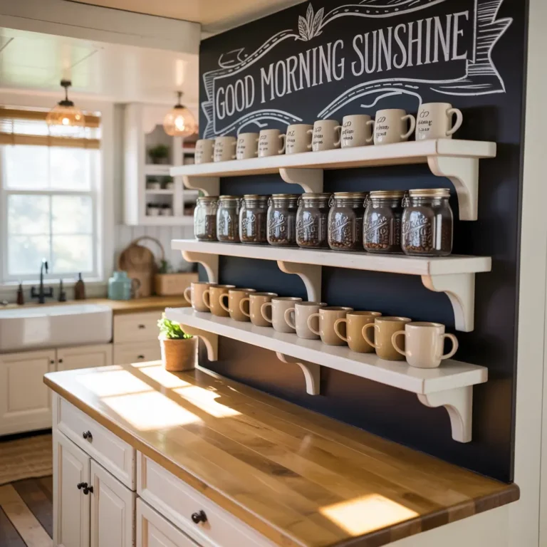 coffee bar with floating shelves